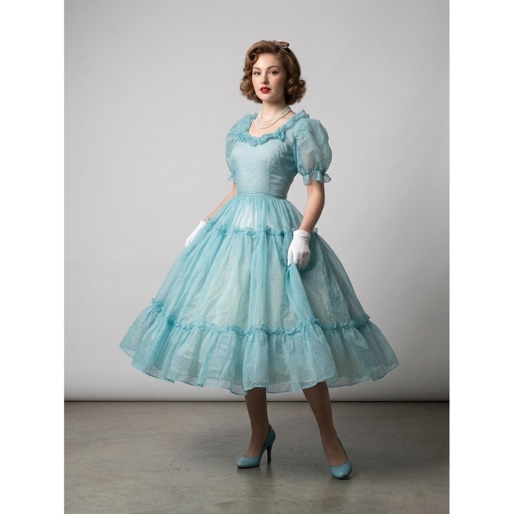 Vintage 1950s Swiss Dot Dress Blue Organza Ruffle Party Prom Gown Cupcake